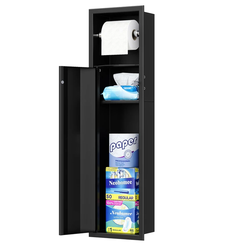 Neodrain Recessed Toilet Paper Holder, Matte Black Tissue Holder with Curved Tri-Fold Door, 304 Stainless Steel Bathroom Storage Cabinet for Tissue Rolls, Perfect Depth fits Amarica Drywall
