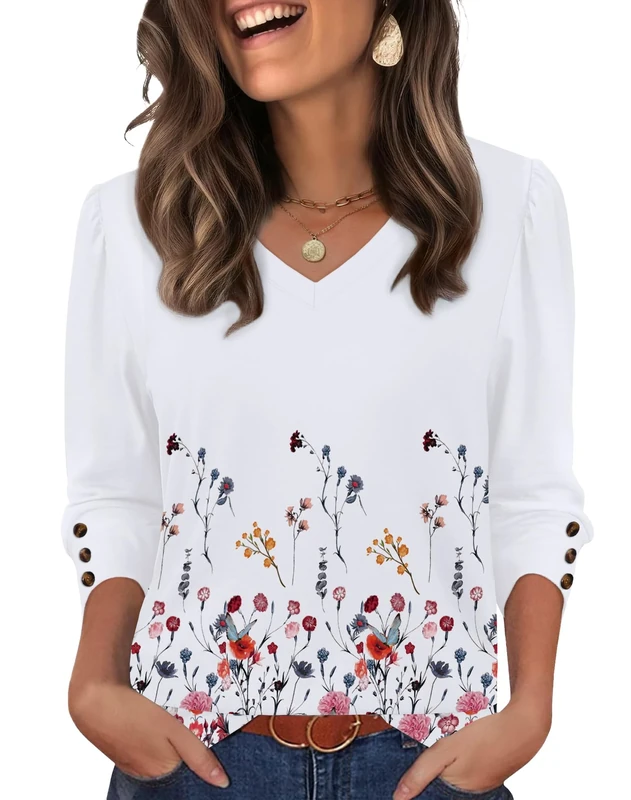 Womens 3/4 Sleeve Tops with Buttons V-Neck Summer Outfits Casual Blouses Shirts Beach Vacation Fall Clothes 2025, F-dandelion, XX-Large