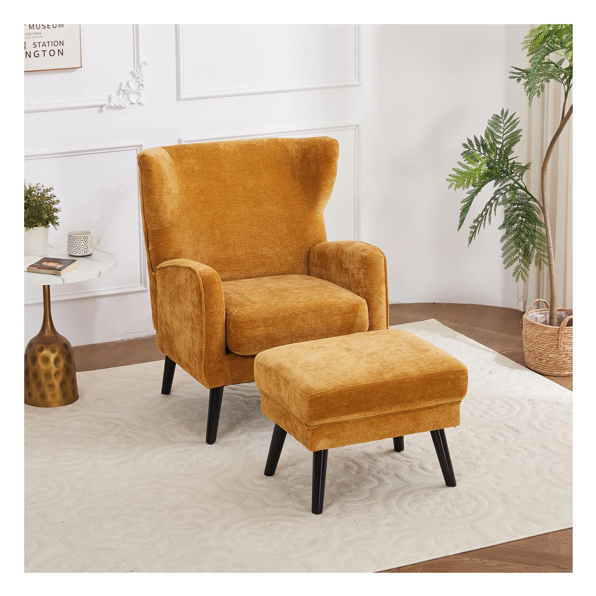 Warmiehomy Modern Chenille Armchair Wing Back Occasional Accent Chair Lounge Tub Chair Fireside Chair with Footstool Living Room Bedroom Office Furniture (Yellow)