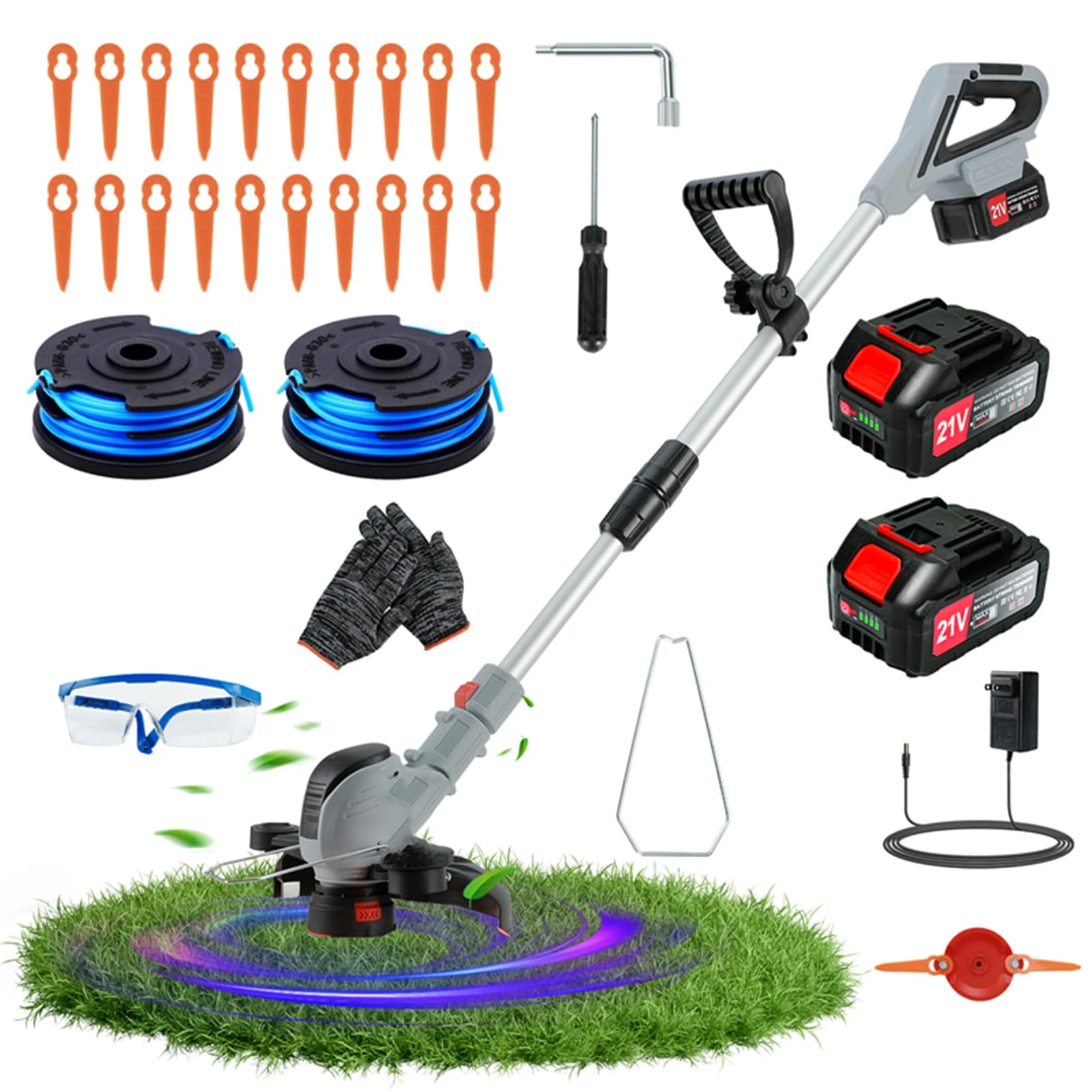 Garden Strimmer Cordless,New Upgrade Electric Garden Strimmer Cutter,telescopic Grass Strimmer,Battery level display,Lawntwigsbrush Trimming (grey)