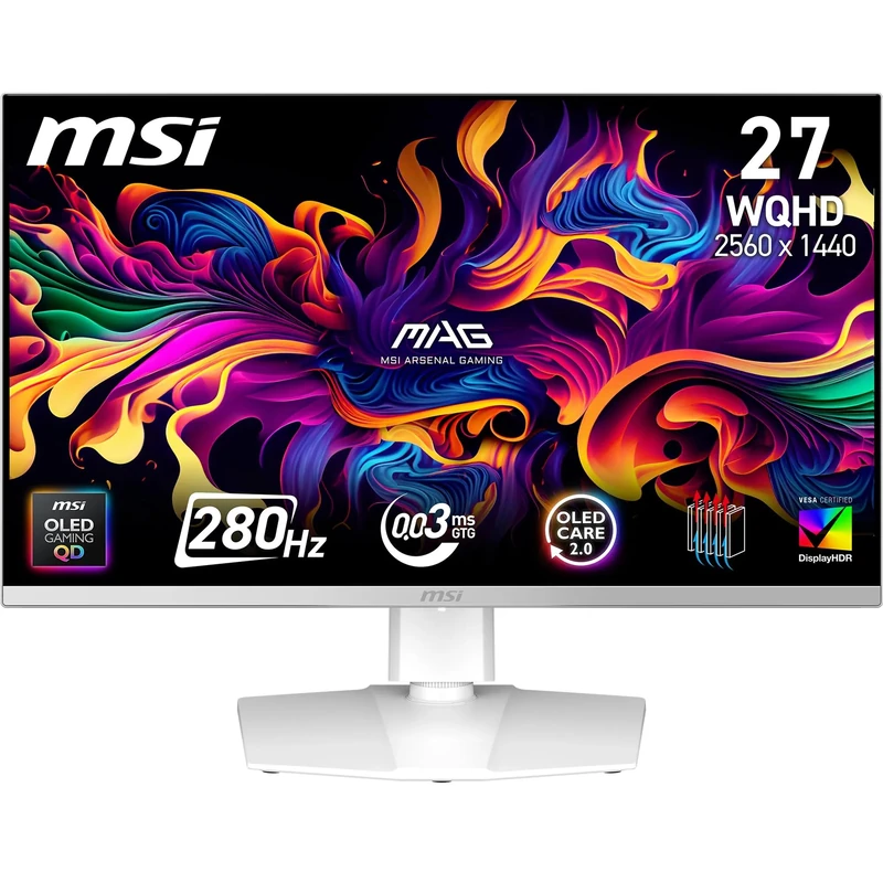 MSI mag 272QPW QD-OLED X28 27 inch WQHD, Gaming Monitor, 2560 x 1440 Quantum Dot OLED Panel, 280 Hz, 0.03 ms, DisplayHDR True Black 400, HDMI 2.1, DP 1.4a, USB C 15WPD, White