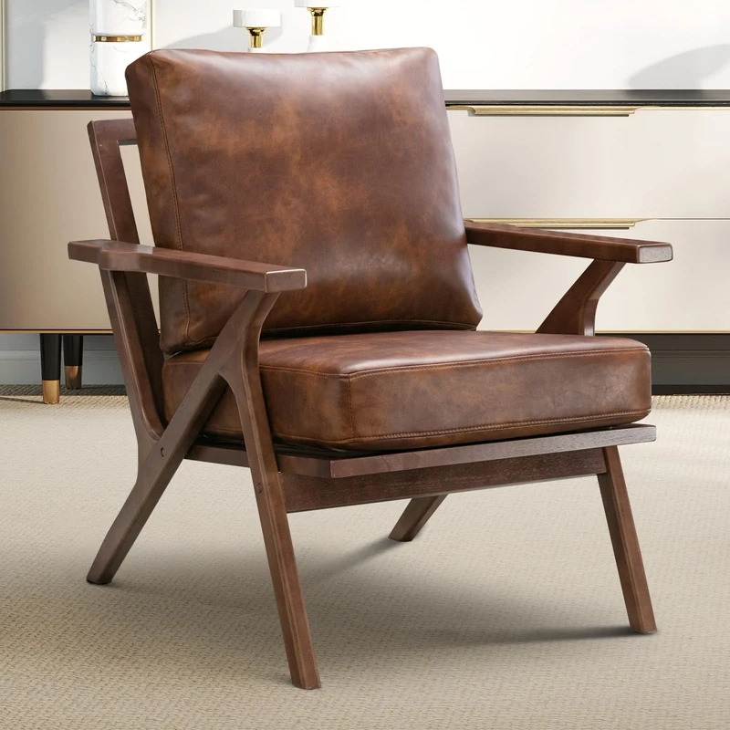 EBELLO Modern Armchair, Accent Chair with Solid Wood Frame, Retro Lounge Chairs with Soft Cushion and Wide Backrest, Tub Chair for LivingRoom, Bedroom, Balcony, Brown