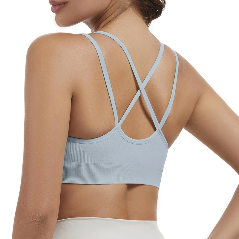 Nabawa Strappy Sports Bras for Women Crisscross Back Medium Support Yoga Bra Unpadded Gym Workout Fitness Crop Top,Blue M