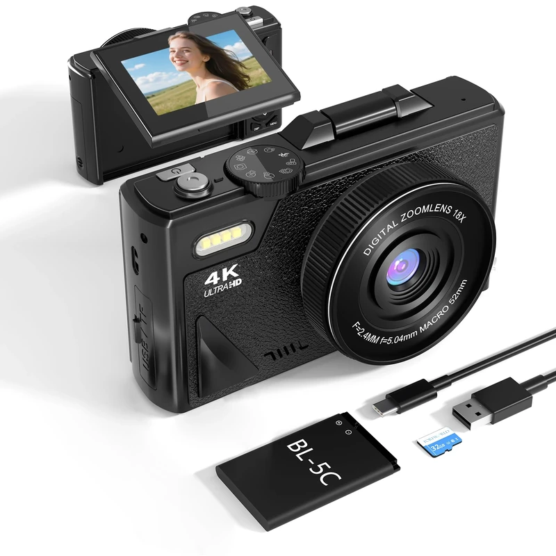 64MP Compact Digital Camera for Photography: 4K Vlogging Camera for Youtube with 180° Flip Screen 32GB TF Card 18X Zoom Video Camera Fit Beginner Teenagers Travel -Black