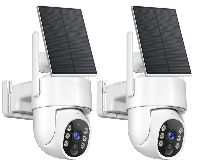 JUFLSKY Solar Security Camera Outdoor Wireless, 2K Home 360° Built-in Battery Operated CCTV Surveillance Cam, 2.4G/5G WiFi & PIR Motion Detection & 2-Way Audio Colour & Night Vision，2 pack