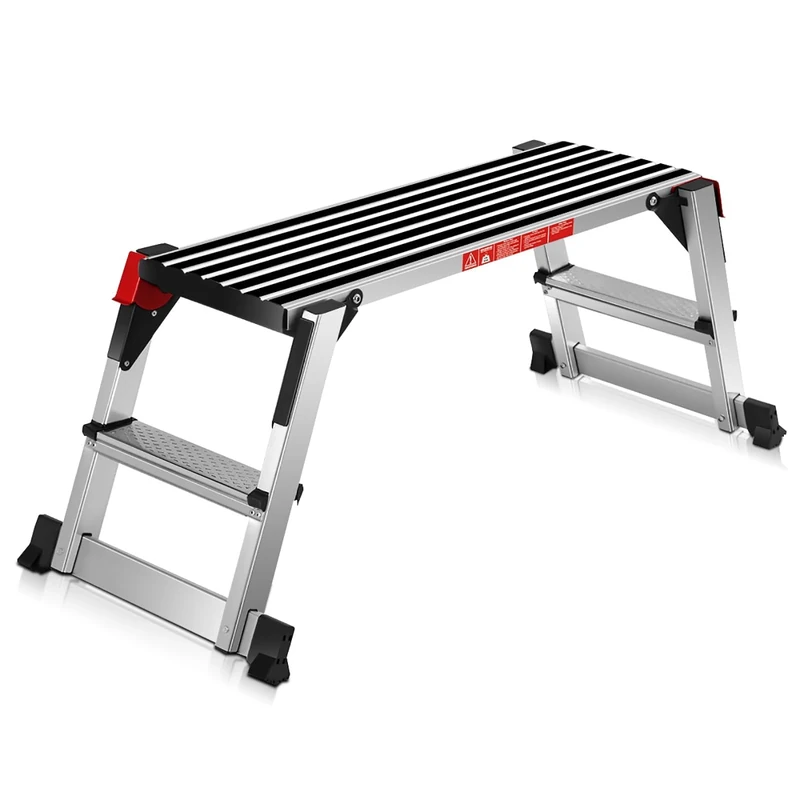 FANTASK Folding Work Platform, Aluminium Folding Workbench up to 150 kg, Step Bench with Non-Slip Mats and Safety Locks, Step Ladder for Home, Office, Workshop and Garage, Silver