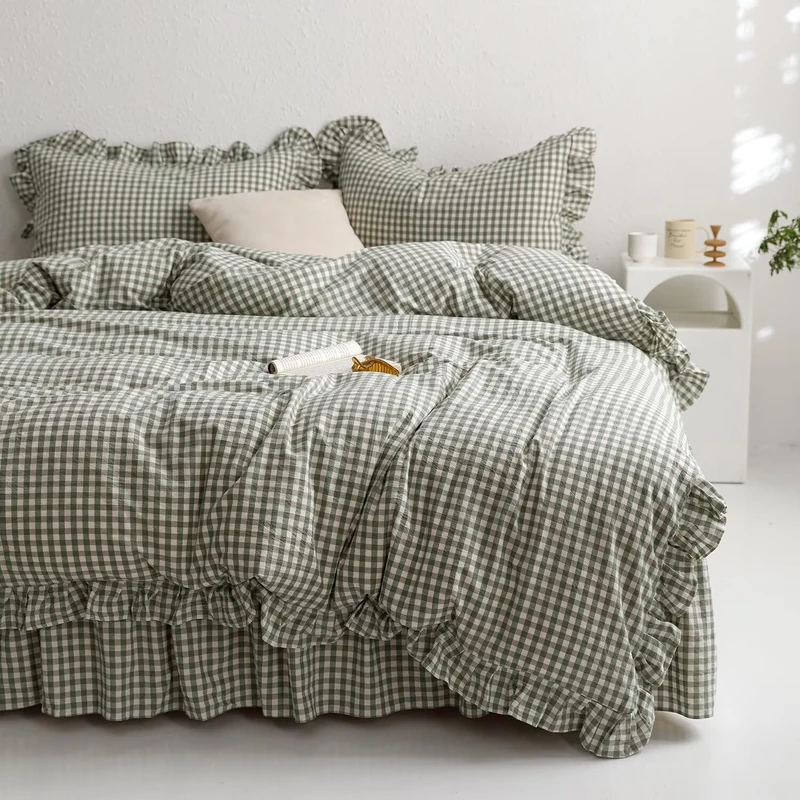 mixinni Green Gingham Ruffle Duvet Cover Full Size 3 Pieces – 100% Washed Cotton, Vintage Plaid Ruffled Bedding Set with Zipper Ties, Soft Checkered Grid Farmhouse Chic Comforter Cover Set