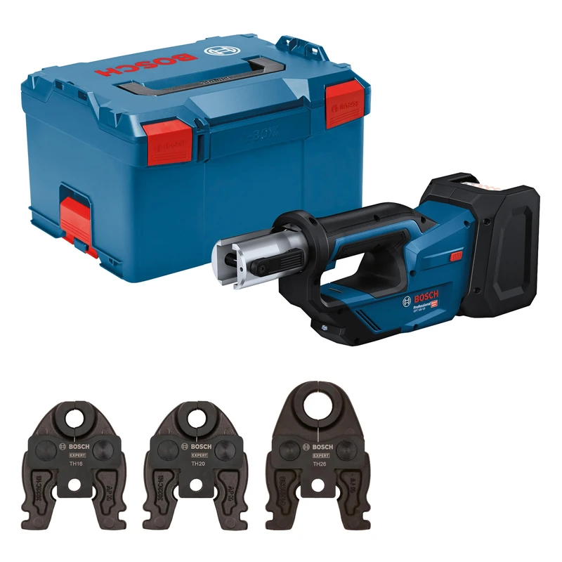 Bosch Professional 18V System Cordless Press Tool GPT 18V-19 (Power of 19 kN, 360° rotatable Head, incl. Press Jaw Comp TH16, TH20, TH26, L-BOXX)