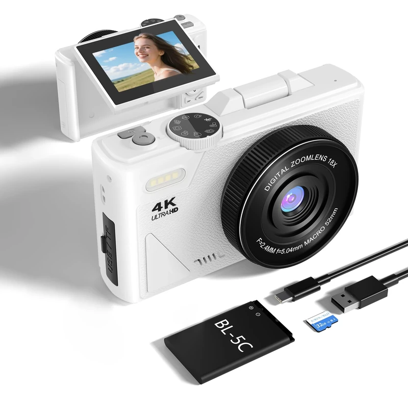 64MP Compact Digital Camera for Photography: 4K Vlogging Camera for Youtube with 180° Flip Screen 32GB TF Card 18X Zoom Video Camera Fit Beginner Teenagers Travel -White