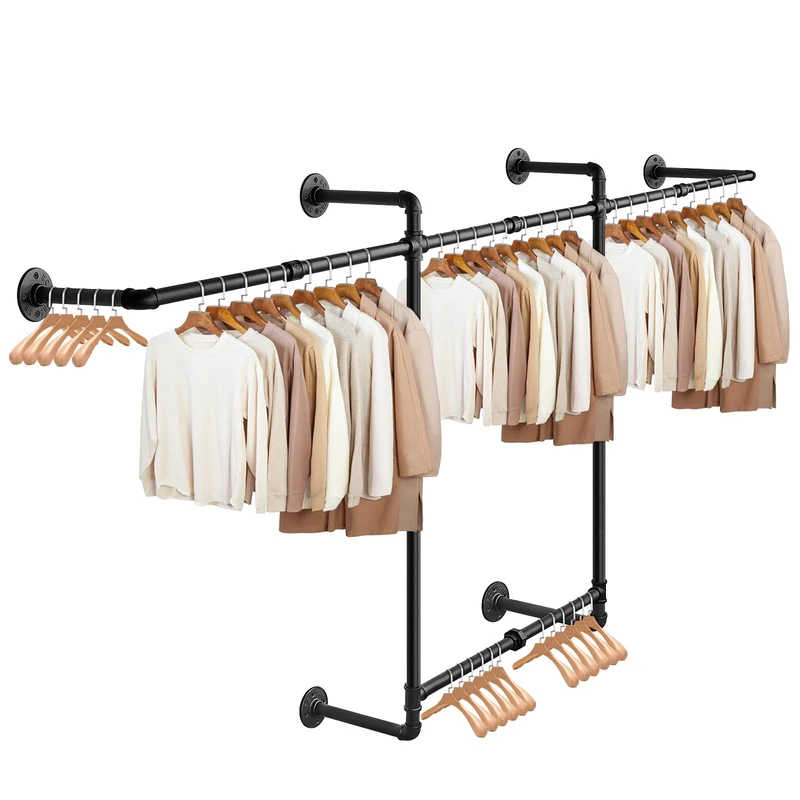 Livabber Industrial Pipe Clothes Rack, Heavy Duty Detachable Iron Garment Rack Wall Mounted, Rustic Saving Space Clothes Bar Multi-Purpose Hanging Rod for Bedroom, Closet, 2 Tier, Black (82 Inch)