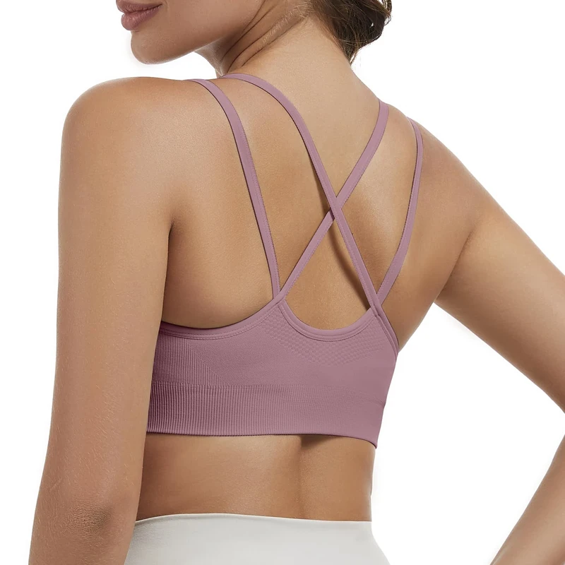 Nabawa Strappy Sports Bras for Women Crisscross Back Medium Support Yoga Bra Unpadded Gym Workout Fitness Crop Top,Pink M
