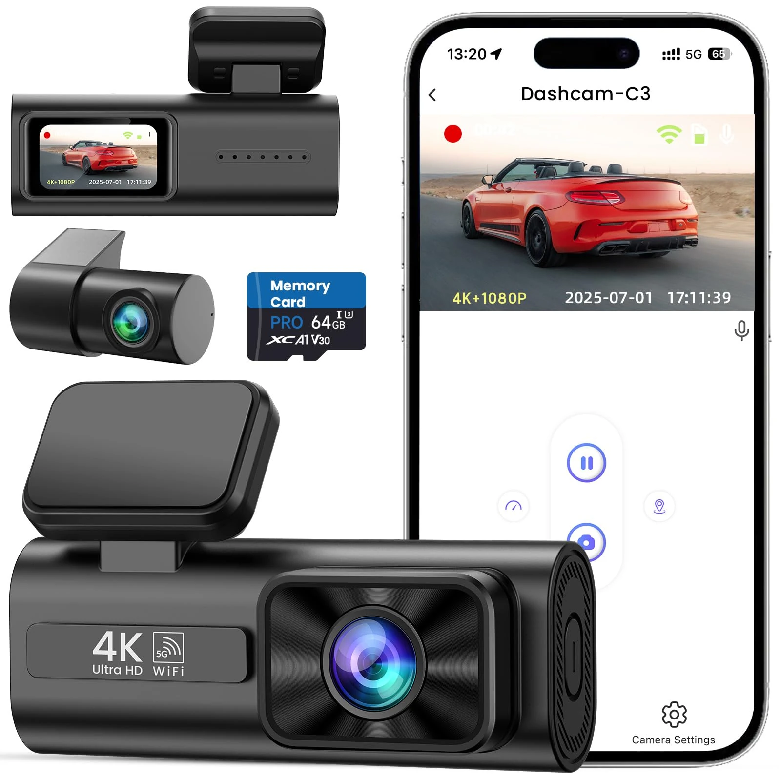 TINAZEOK Dash Cam Front and Rear 4K+1080P, 5GHz WiFi, Dual Dashcam with 64GB Card, App Control, 1.47" IPS Screen, 24H Parking Mode, Night Vision, 170° Wide Angle, G-Sensor, WDR, Car Camera (C3)