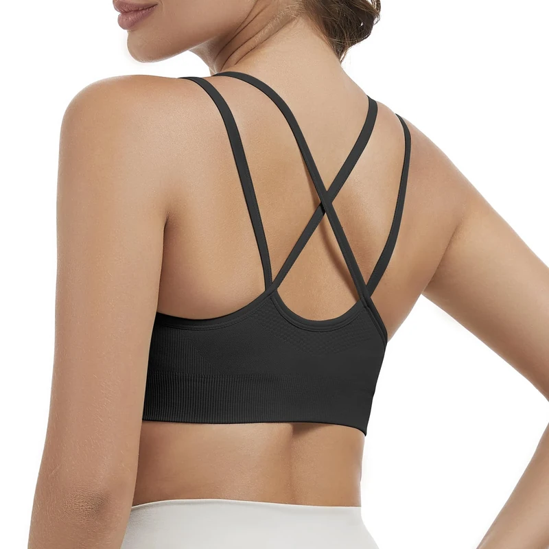 Nabawa Strappy Sports Bras for Women Crisscross Back Medium Support Yoga Bra Unpadded Gym Workout Fitness Crop Top,Black M