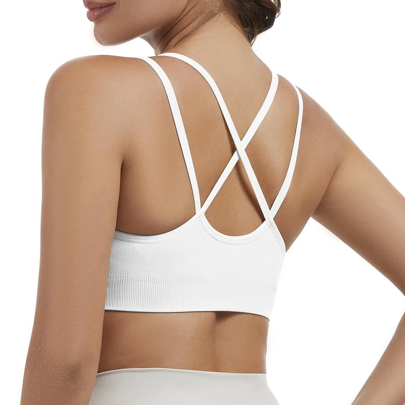 Nabawa Strappy Sports Bras for Women Crisscross Back Medium Support Yoga Bra Unpadded Gym Workout Fitness Crop Top,White M