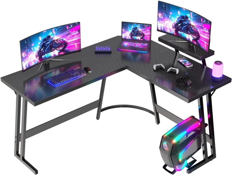 JUMMICO L Shaped Gaming Desk with Large Monitor Stand 150x150x75cm,Corner Desk for Home Office Study Writing Workstation, Black