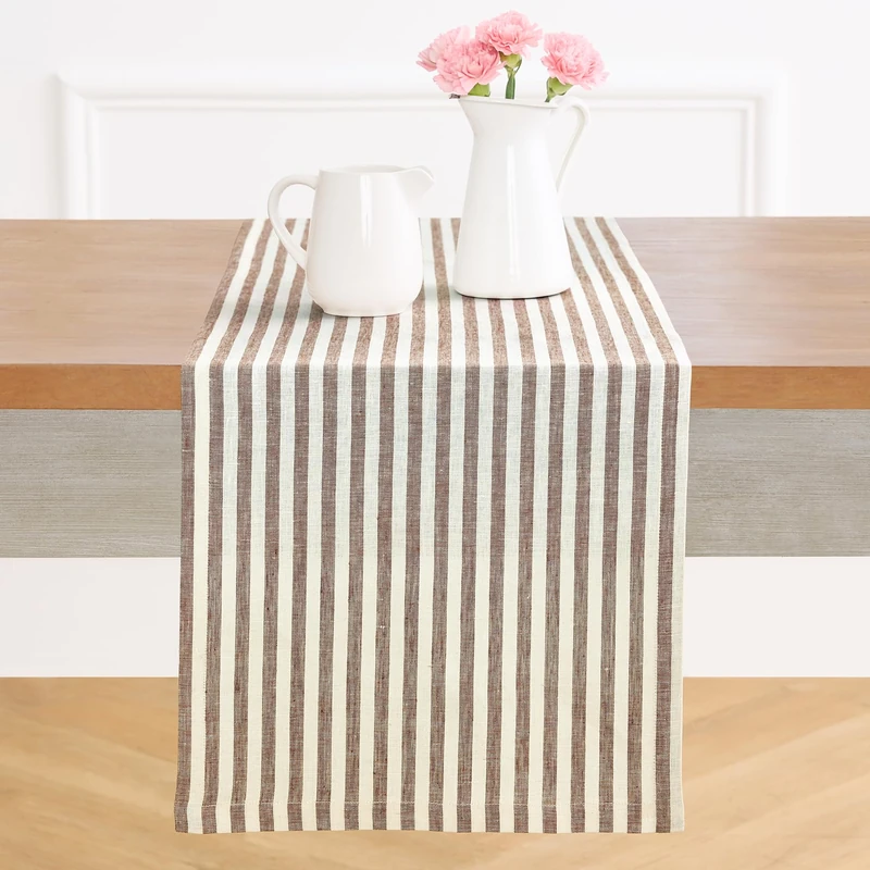 Solino Home 100% Linen Table Runner, 14 x 120 in, Brown and Cream Striped