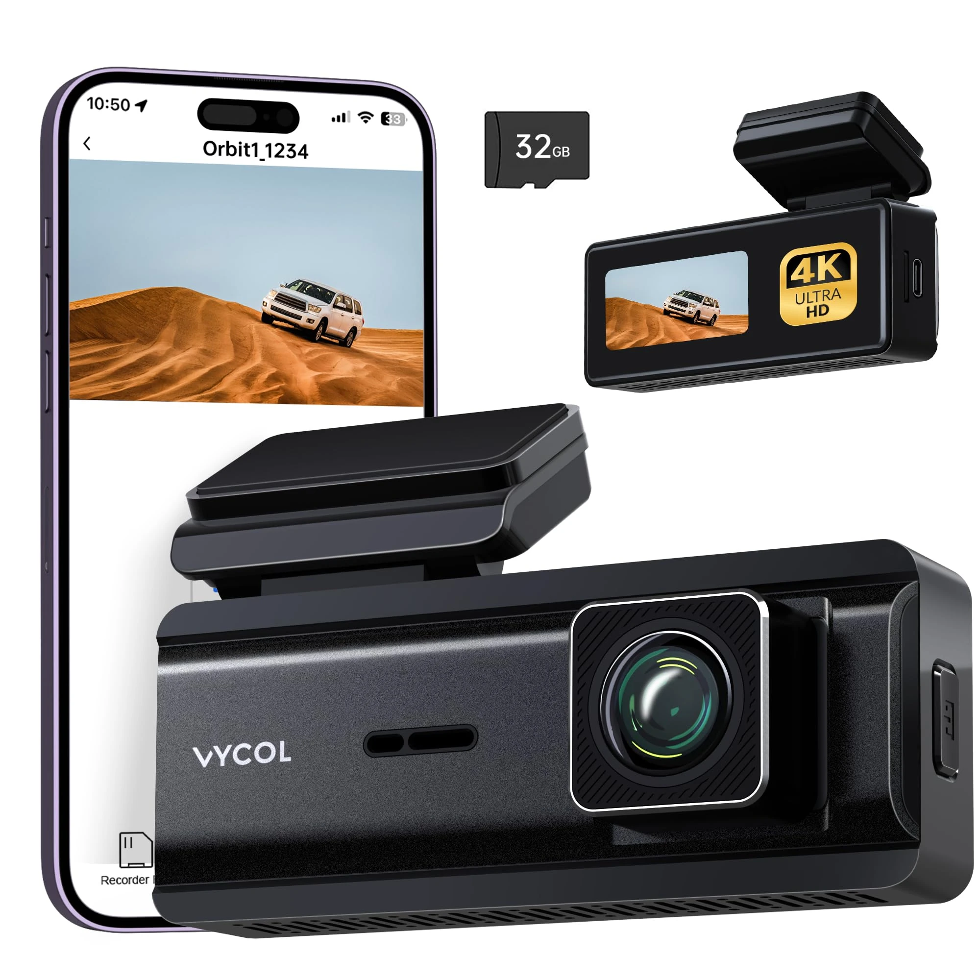 Vycol Dash Cam Front, 4K dash cam with Parking Monitor, car camera dash cam with free 32GB Card, Night Vision, 150°Wide Angle, Loop Recording, App Controlled, Voice Control, G Sensor