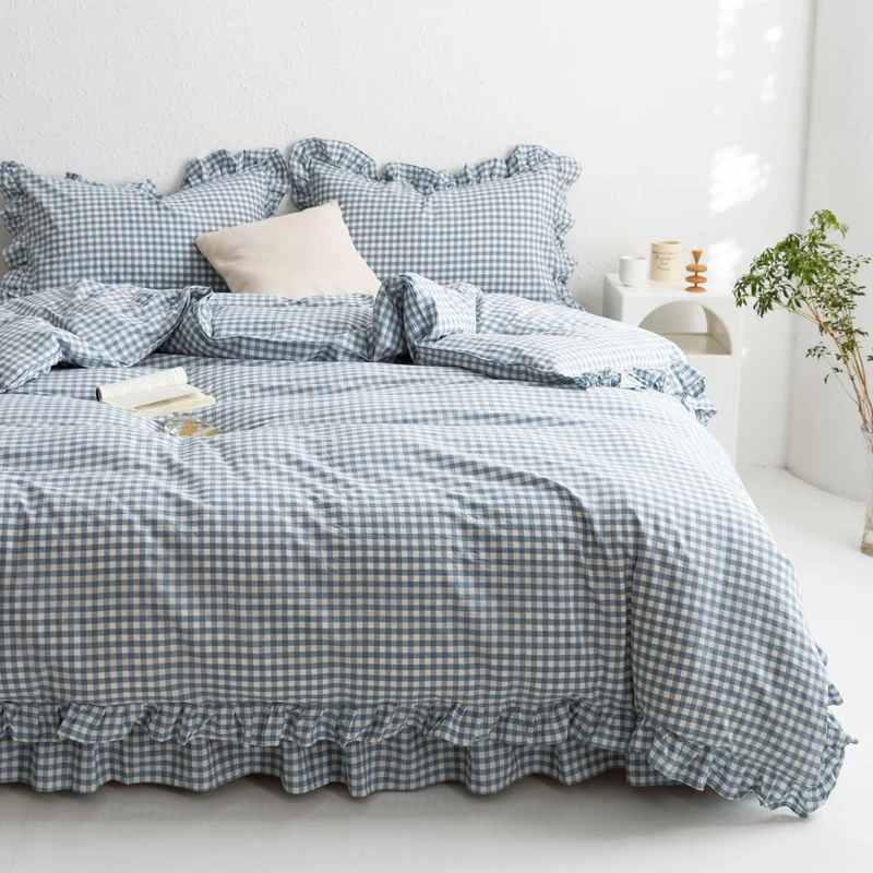 mixinni Blue White Gingham Ruffle Duvet Cover Queen Size 3 Pieces – 100% Washed Cotton, Vintage Plaid Ruffled Bedding Set with Zipper Ties, Soft Checkered Grid Farmhouse Chic Comforter Cover Set