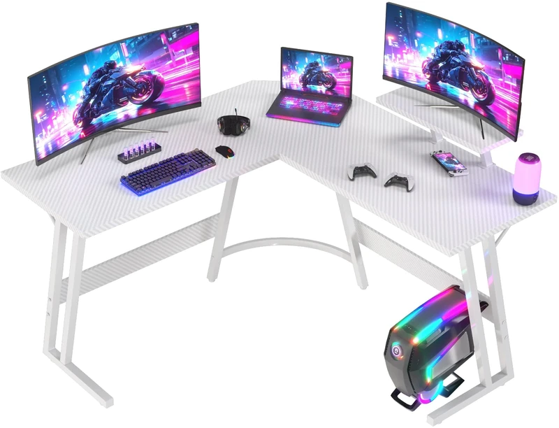 JUMMICO L Shaped Gaming Desk with Large Monitor Stand 120x120x75cm,Corner Desk for Home Office Study Writing Workstation, White