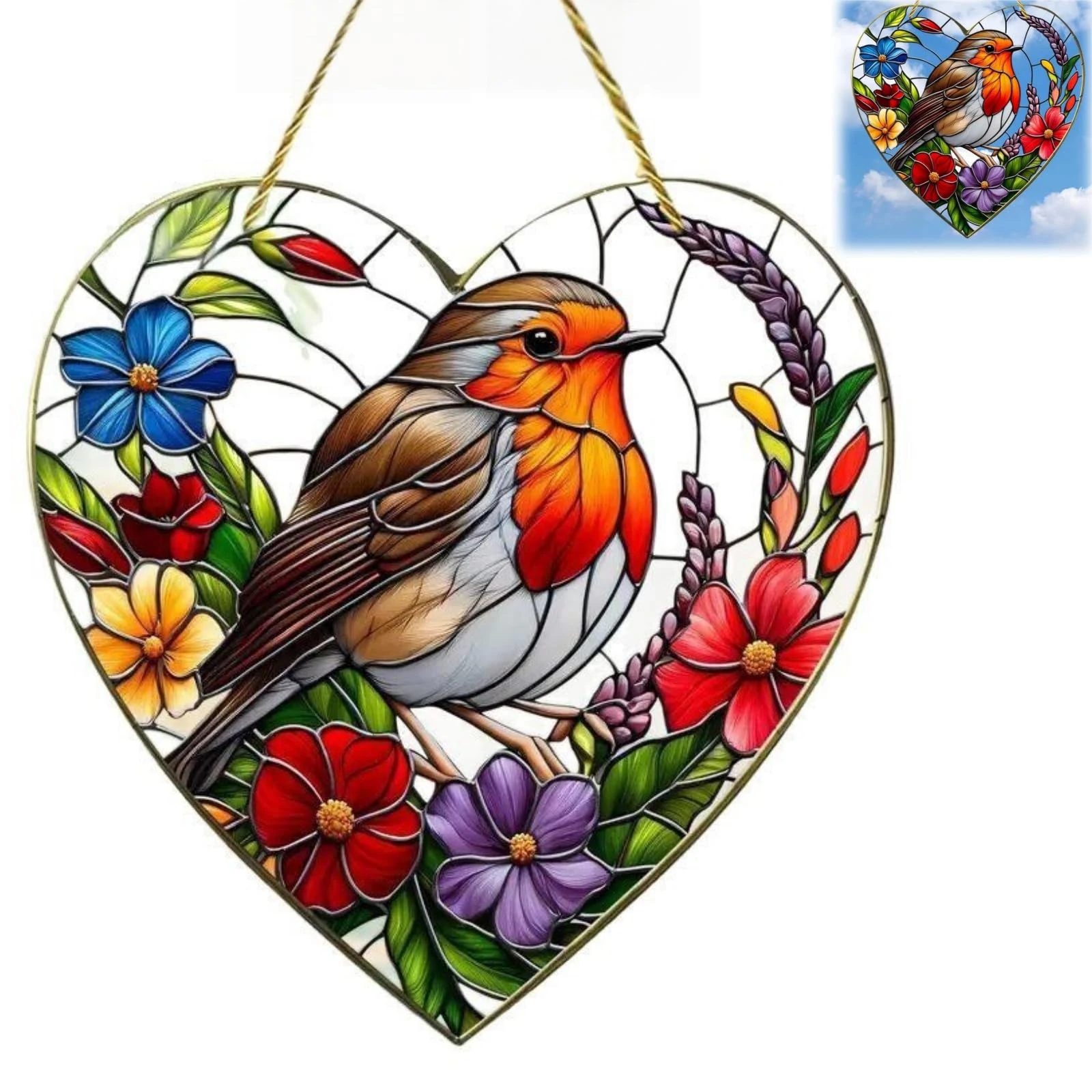 Window Sun Catcher,Large Heart-Shaped Robin Stained Glass Suncatcher,Robin Garden Ornament,Stained Glass Window Hangings,Garden Hanging Ornaments,Garden Gifts for Women,Bird Ornaments(20x20CM)