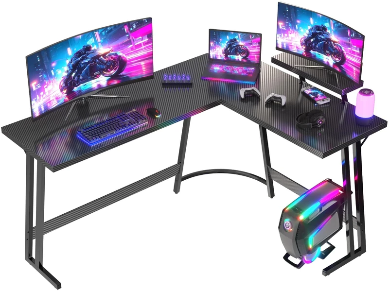 JUMMICO Corner Desk, Gaming Desk 170 x 130 cm – L-Shaped Gaming Table with Reversible Screen Support – Versatile (Game/Work/Study) – Carbon Coated – Black