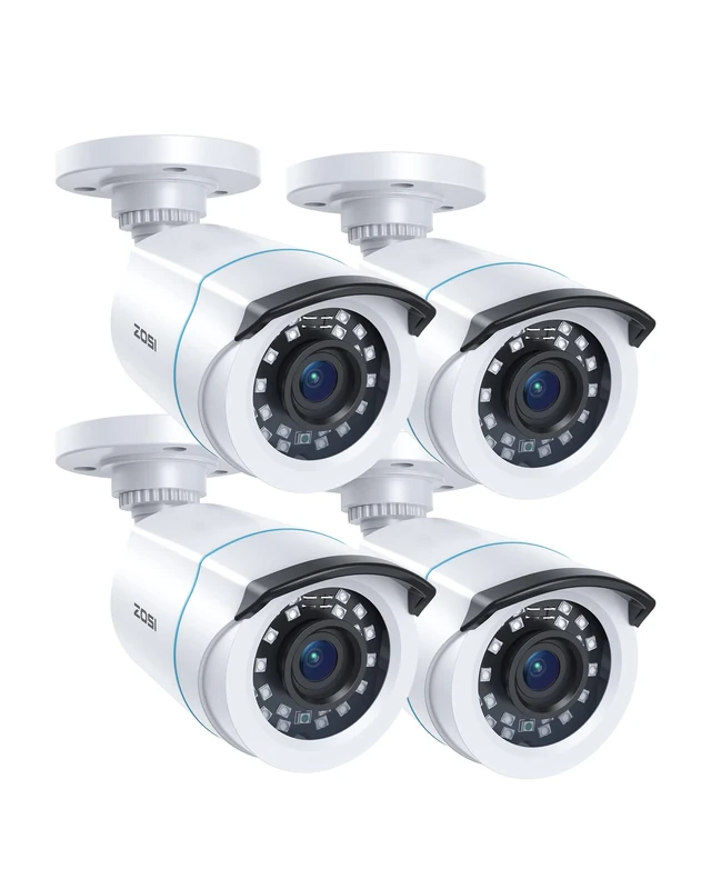 ZOSI 1080P 4 Pack HD TVI Wired CCTV Cameras, Outdoor Indoor Surveillance, Weatherproof Bullet Security Camera for 2MP/5MP/4K HD TVI Analog CCTV DVR System, 24pcs IR LEDs, 80ft IR Night Vision, White