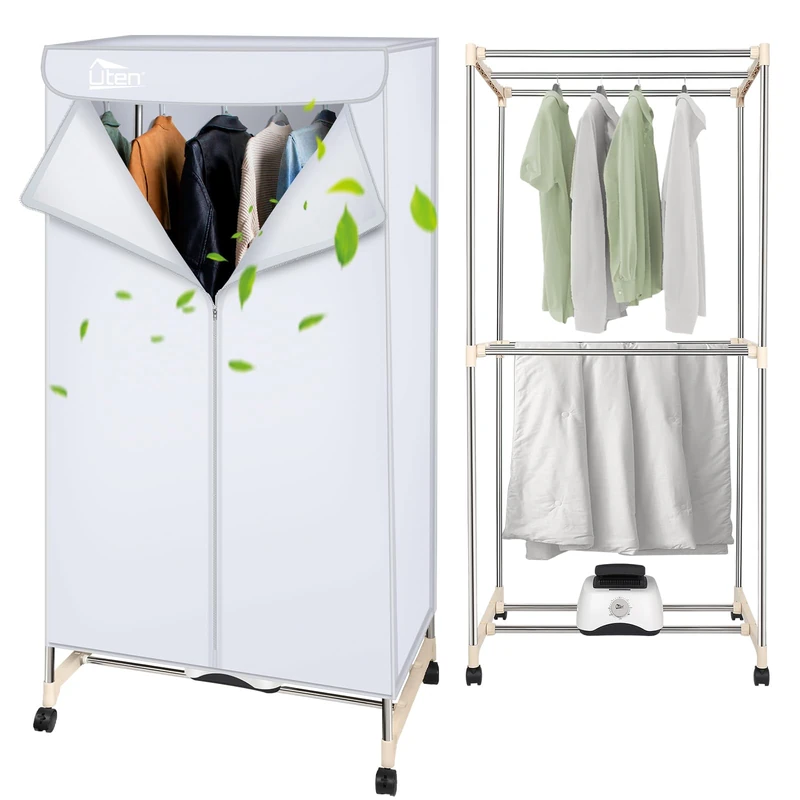 Electric Clothes Dryer Warm Air Drying Wardrobe Electric Clothes Drying Rack Double layer Stackable for Apartments 1500W Gray
