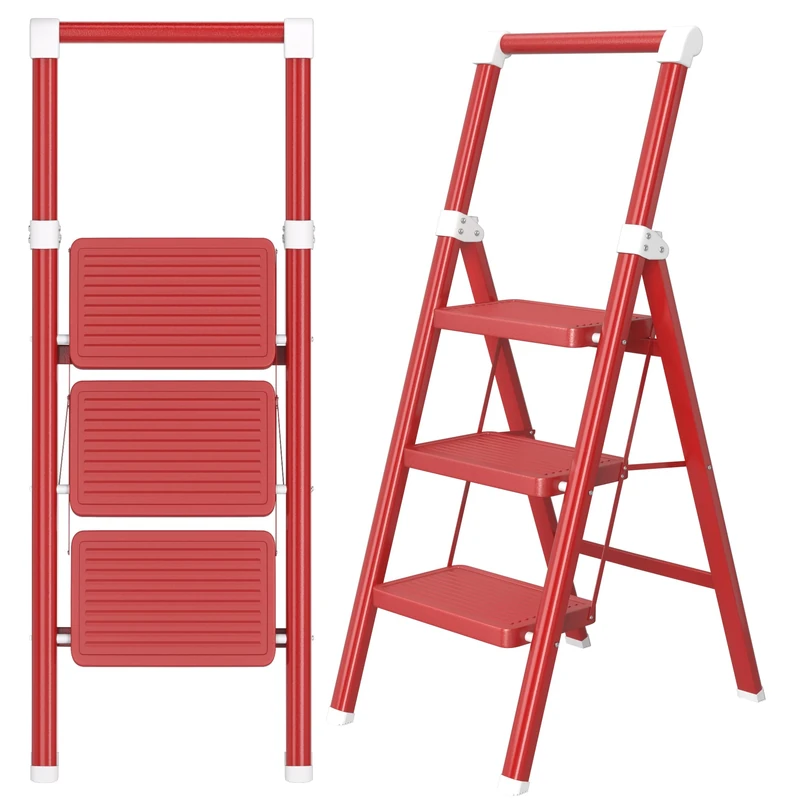 3 Step Ladder, DIAMONDFORGE Folding Step Stool with Wide Anti-Slip Pedal, Anti-Slip Feet and Handgrip, Sturdiest Steel Construction, Steel Ladder for Home, Red White
