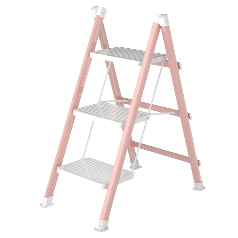 DIAMONDFORGE 3 Step Ladder, Folding Step Stool with Anti-Slip Wide Pedal, Anti-Slip Feet, Sturdiest Steel Construction, 600lbs Capacity Steel Ladder for Home and Office, Pink White
