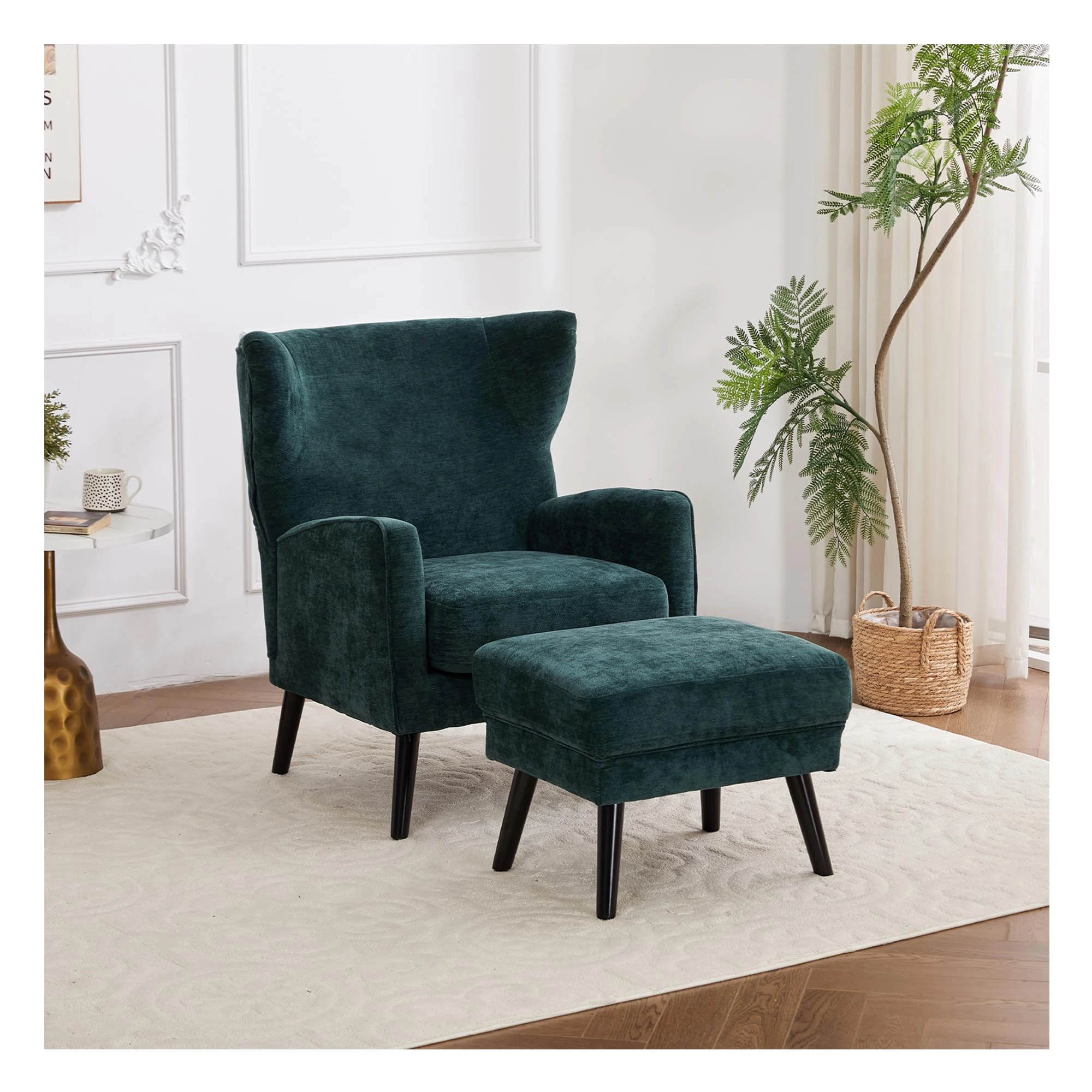 Warmiehomy Modern Chenille Armchair Wing Back Occasional Accent Chair Lounge Tub Chair Fireside Chair with Footstool Living Room Bedroom Office Furniture (Green)