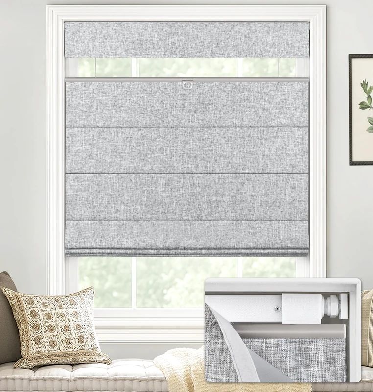 LazBlinds No Drill TDBU Roman Shades, Blackout - Grey, 27" W x 64" H