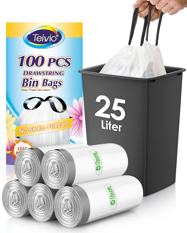 Teivio 25 Liter Small Bin Liners with Tie Tap, 100 Counts Strong Drawstring Pedal Bin Bags Fit 20-25L Trash Can, Waste Paper Bin Bags for Home Office Kitchen Bathroom Bedroom, White Toilet Rubbish Bag