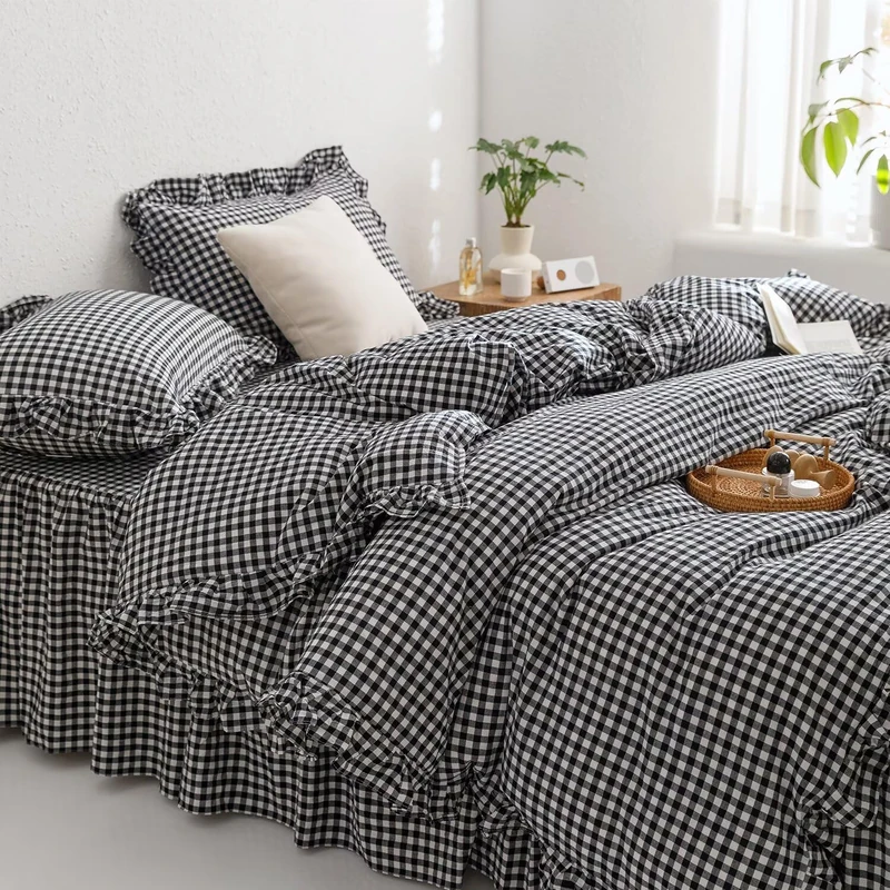 mixinni Black White Gingham Ruffle Duvet Cover Twin XL Size 3 Pieces – 100% Washed Cotton, Vintage Plaid Ruffled Bedding Set with Zipper Ties, Soft Checkered Grid Farmhouse Chic Comforter Cover Set