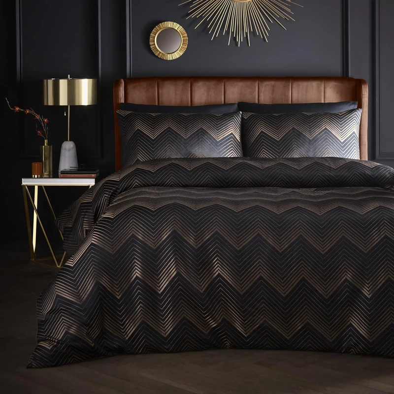 Laurence Llewelyn-Bowen Duvet Cover Set, 96% Polyester 4% Metallic Polyester, Double 200x200cm, Black, Jacquard Chevron, Button Closure, 2 Pillowcases