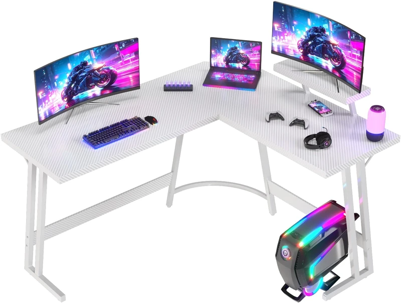 JUMMICO L Shaped Gaming Desk with Large Monitor Stand 150x150x75cm,Corner Desk for Home Office Study Writing Workstation, White