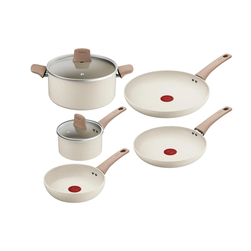 Tefal Stone White, 7-Piece Cookware Set, Frying Pans 20/24/28 cm, Saucepans with Lids 16/24 cm, Fixed Handle, Non-Stick Coating, 100% Recycled Aluminium Body, Temperature Indicator, G199S544