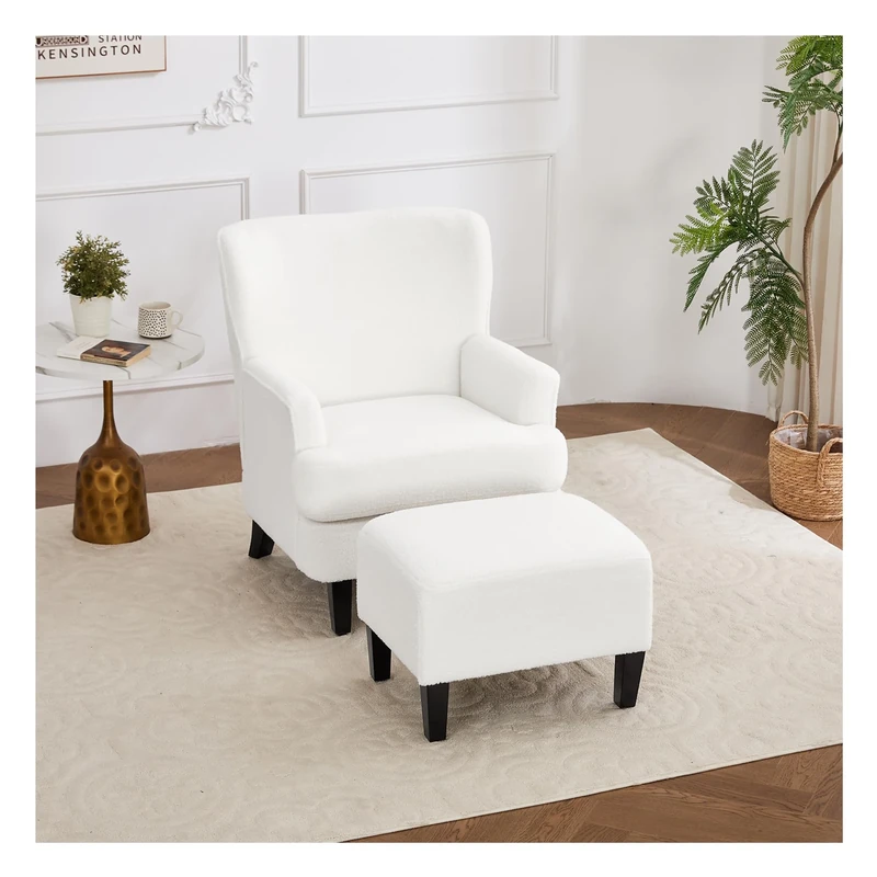 Warmiehomy Modern Teddy Armchair Oversized Fireside Occasional High Back Chair with Solid Wood Legs and Footstool for Living Room Bedroom (Cream)