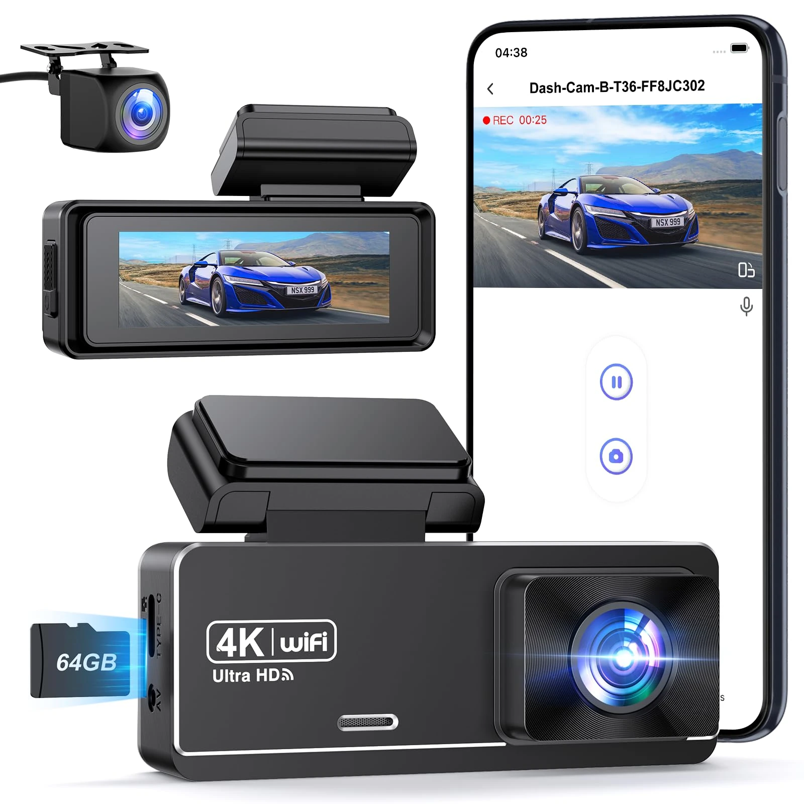PENEMAY Dash Cam Front and Rear 4K+1080P, Dash Cam with Free 64GB SD Card, 2.99” IPS WiFi Dashcam, Superb Night Vision Dash Camera for Cars, 24H Parking Mode, G-Sensor, Loop Recording Car Camera