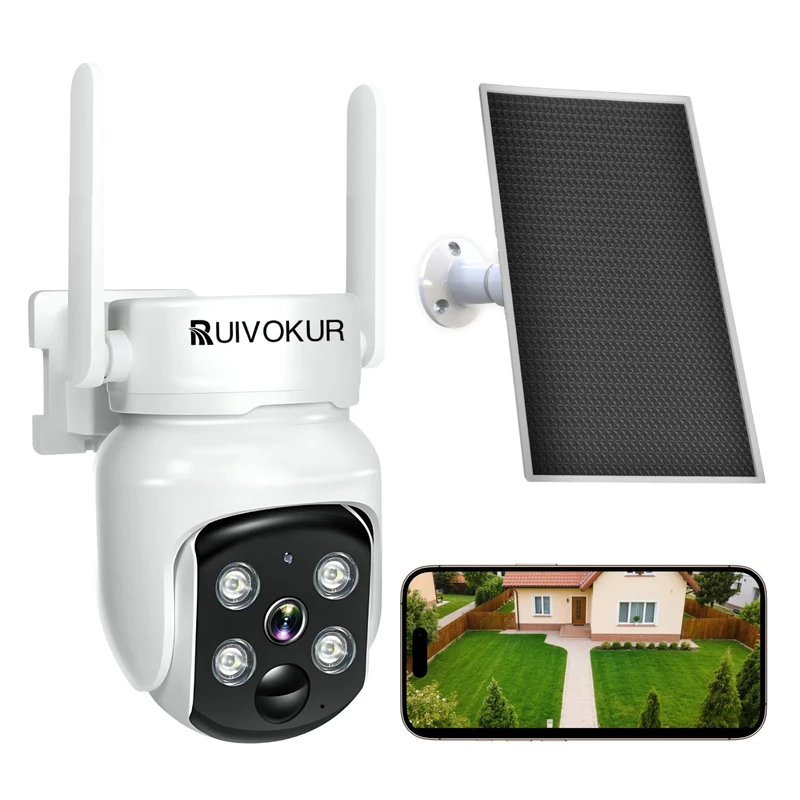 RUIVOKUR Solar Camera - 2K 4MP PTZ, Color Night Vision, AI Alerts