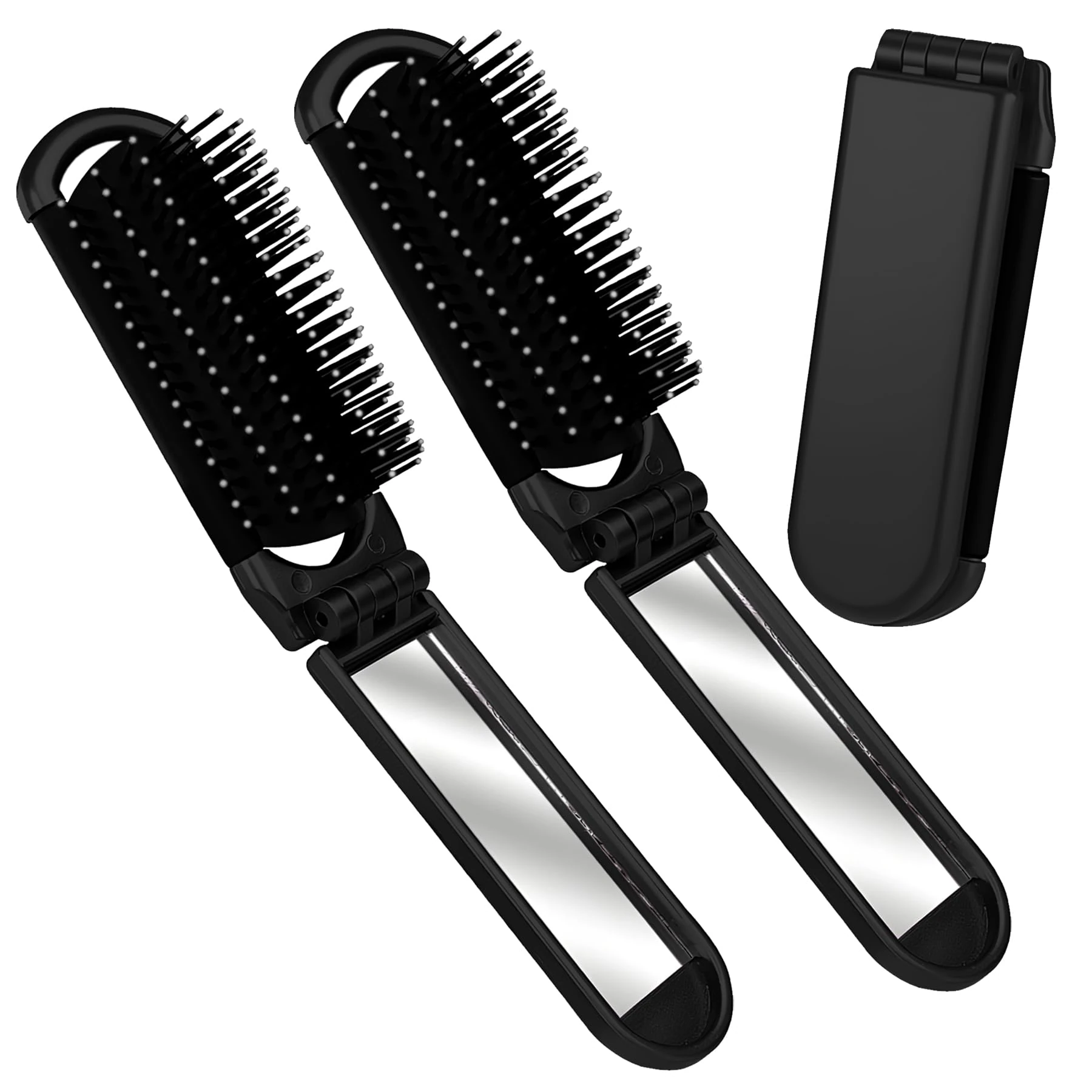 YPYMOD 2 pcs Folding Hair Brush, Travel Hair Brush with Mirror, Collapsable Pocket Size Brush Brush Hair Styling Tools for Gym, Trip, Purse, Swimming(Black)
