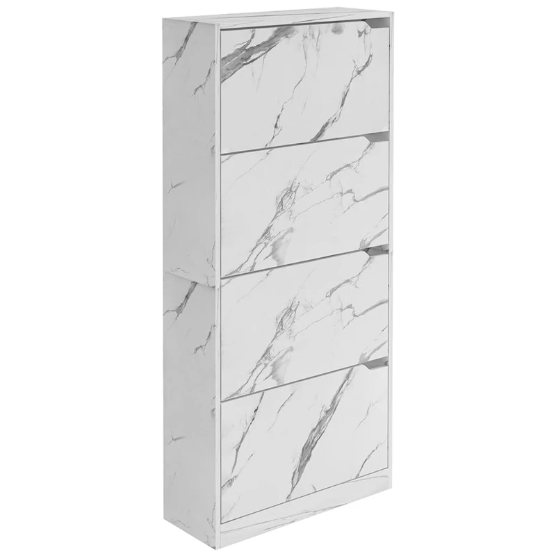 BAKAJI Shoe Rack in MDF Wood with 4 Folding Shoe Doors, Concealed Handles Double Depth Compact Size Slim 63 x 24 x 150 cm Space-Saving Home Entrance (Marble)
