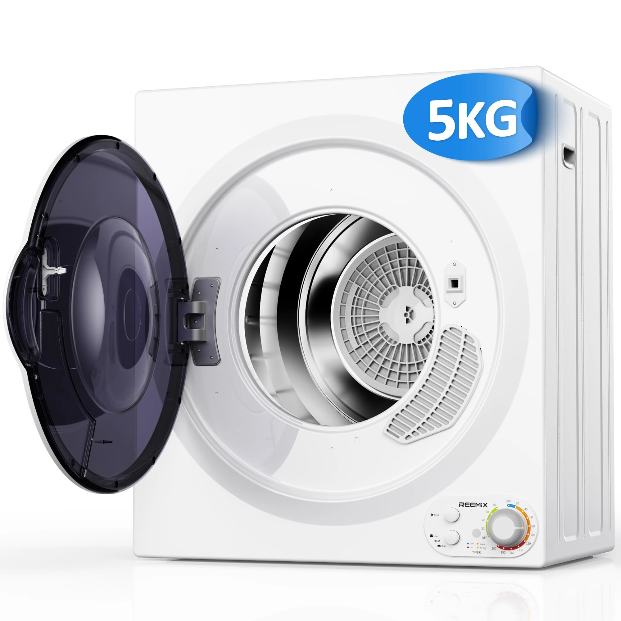 5KG Vented Tumble Dryer, Reemix 1400W Compact Smart Tumble Dryer, Stop Immediately when Clothes are Dry, 5 Auto Drying Modes, for Apartment, Home, Dorm, RVs, White