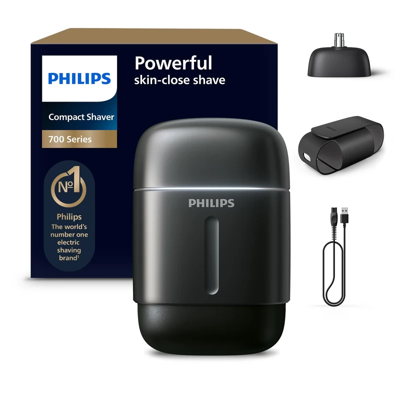 Philips Shaver 700 Series - Compact Electric Shaver, Lift & Cut System, Dual SteelPrecision Blades, 4D Flex Heads, Wet & Dry Shave, Nose Trimmer, Travel Case, Model S792/06