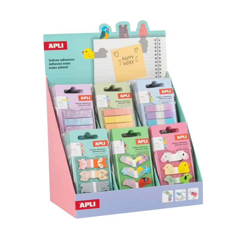 APLI 20242 - Display with 800 Adhesive Film Bookmark Indices Spread Between 36 Designs (20 Indices per Color), 12 Animal Designs, and 24 More Neutral Designs. - Image 1