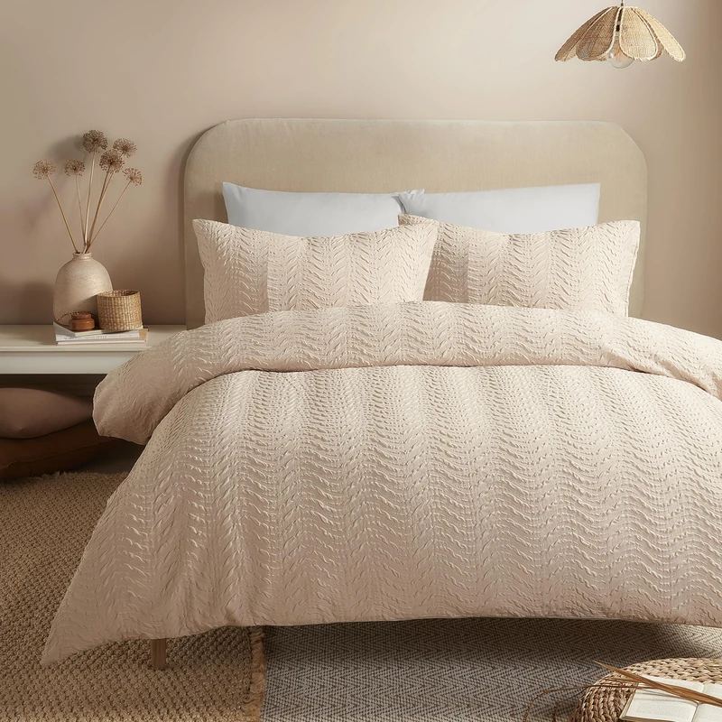 Serene Embossed Curve Duvet Cover Set, 100% Recycled Polyester, Super-King 260x220cm, Natural, Textured Wave Pattern, Button Closure, 2 Pillowcases, Orange