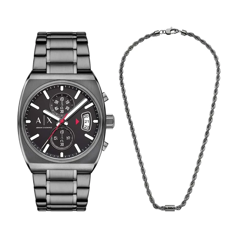 Armani Exchange Men's Grey Stainless Steel Watch and Necklace, Set