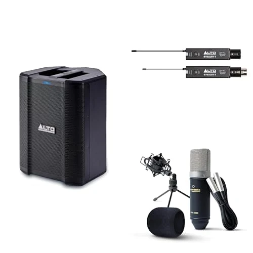 ALTO Busker 200W Portable PA Speaker System Bundle with XLR Microphone and XLR Transmitter and Receiver for Live Performance, Events, Karaoke, Presentations