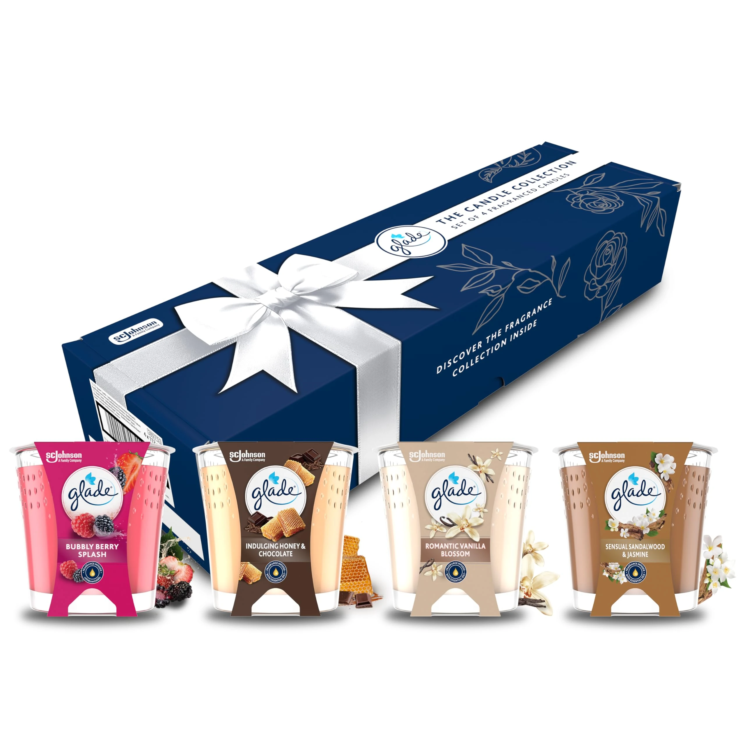 Glade Jar Candle Gift Pack, Scented Candle Infused with Essential Oils, 4 Scents including Berry, Chocolate, Vanilla, Sandalwood & Jasmine, 4 x 112g