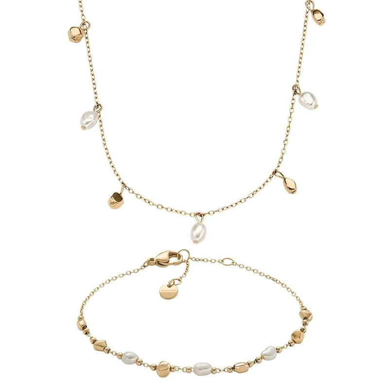 Skagen Women's Agnethe Pearl Gold-Tone Stainless Steel Necklace and Bracelet, Set