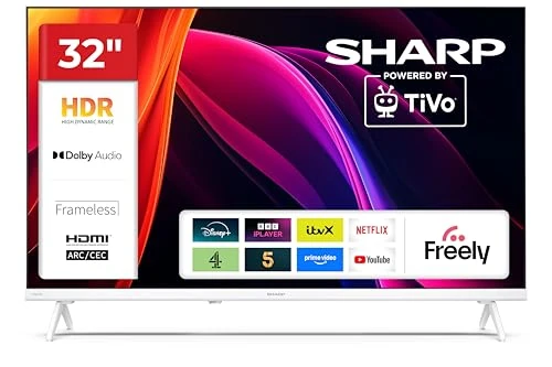 Sharp 32-inch HD Powered by TiVo Smart TV TiVo+ Free Channels Dolby Digital HDR10 HDMI with ARC DVB-T/T2/C/S/S2 Tuner 32HE2345K Freely Included (HE Series) - in White